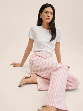 Mango Pink & White Striped Wide-Leg Pants